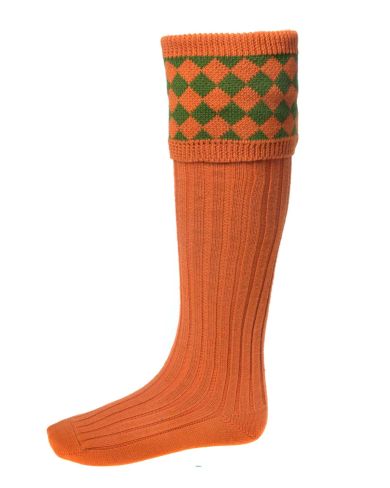 Chessboard Top Shooting Socks Burnt Orange with Garters