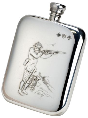 6oz Shooter and Dog Pewter Rounded Flask